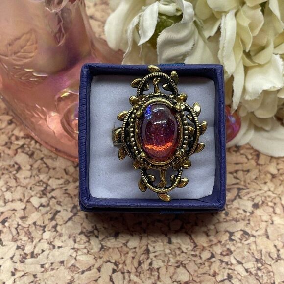 Valentine’s Day Renaissance Medieval gold Ring Mexican Fire Opal Dragons breath - Picture 2 of 16